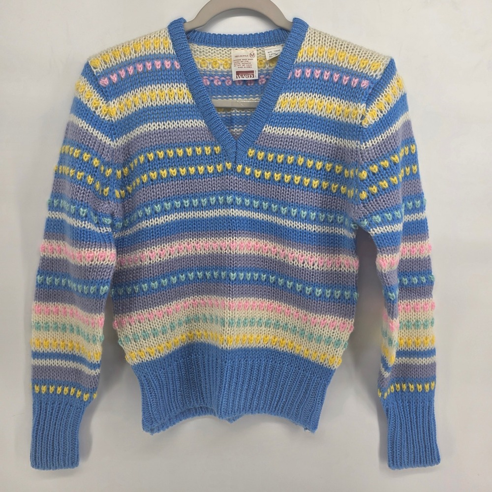 Montgomery Ward Womens Medium Striped Knit V Neck Acrylic Sweater Blue Pastel - Picture 1 of 6